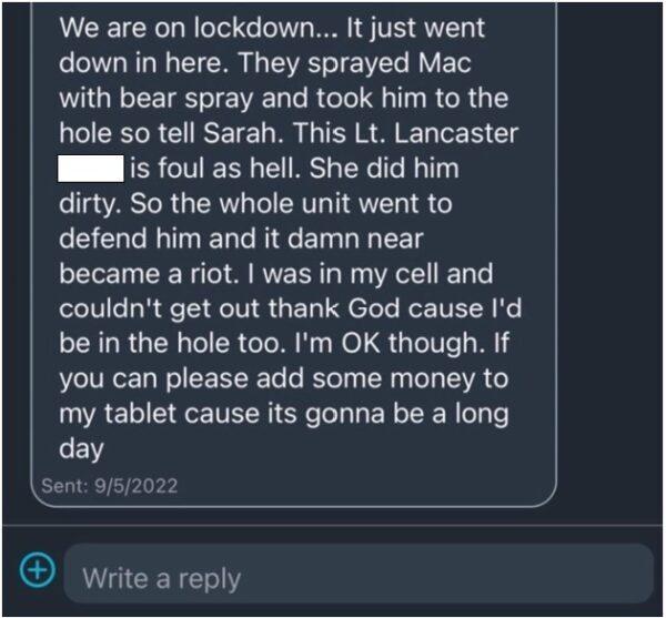 Screenshot of text message sent out by a Jan. 6, 2021, Capitol breach prisoner at the jail in Washington during an alleged assault by Lt. Crystal Lancaster. (Obtained by The Epoch Times)