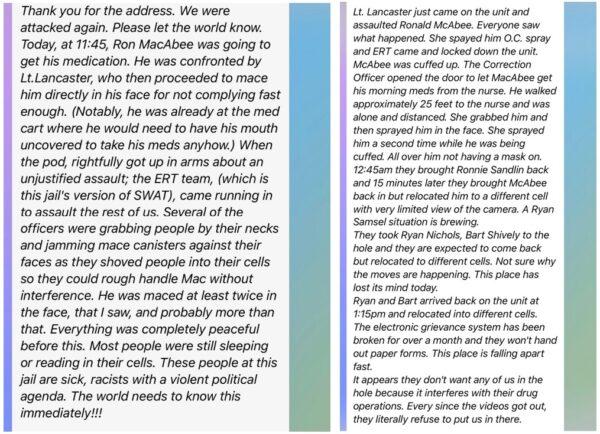 Screenshot of assembled text messages sent out by three Jan. 6, 2021, Capitol breach prisoners as events unfolded at the jail in Washington during an alleged assault, initiated by Lt. Crystal Lancaster. (Obtained by The Epoch Times)