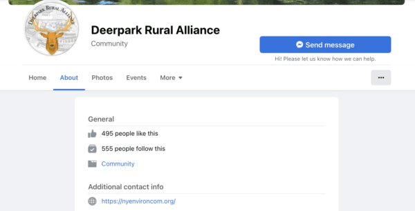 The Facebook page of Deerpark Rural Alliance, which now lists the website of NYEnvironcom. (Screenshot via The Epoch Times)