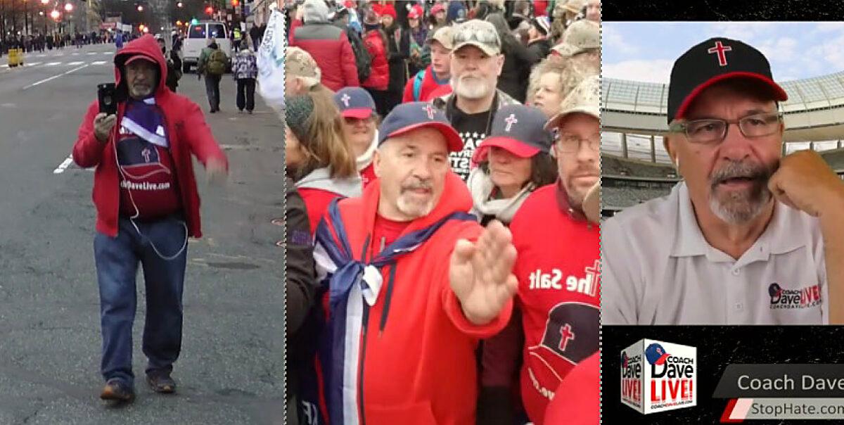 Coach Dave Daubenmire in Washington D.C. on January 6, 2021, and on the set of his podcast. (Attorney Brad Geyer/Screenshot via The Epoch Times)