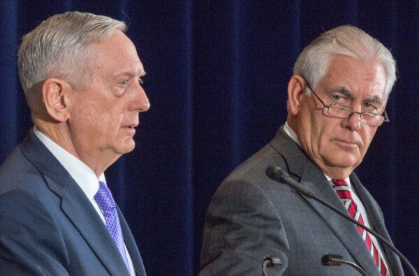 Then-U.S. Secretary of Defense Jim Mattis (L) and then-U.S. Secretary of State Rex Tillerson conduct a press conference at the U.S. Department of State in Washington on June 21, 2017. (Paul J. Richards/AFP via Getty Images)