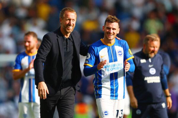 Graham Potter, Manager of Brighton & Hove Albion, and Pascal Gross interact following the Premier League match between Brighton & Hove Albion and Leeds United at American Express Community Stadium in Brighton, England, on August 27, 2022. (Bryn Lennon/Getty Images)