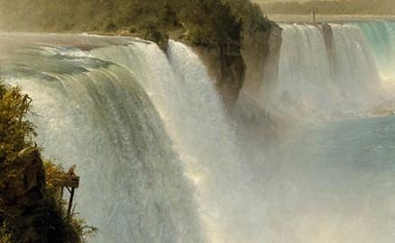 A detail that shows a person looking out from an outcropping in the painting “Niagara Falls, From the American Side,” 1867, by Frederic Edwin Church. Oil on canvas; 101 inches by 89 inches. Scottish National Gallery, in Edinburgh, Scotland. (Public Domain)