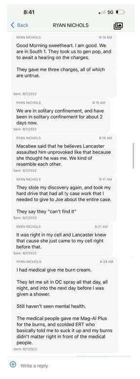 A series of text messages sent from Ryan Nichols to his wife Bonnie on Sept. 7, 2022 after he was assaulted by Lieutenant Crystal Lancaster and thrown into solitary confinement. (Courtesy of Bonnie Nichols)