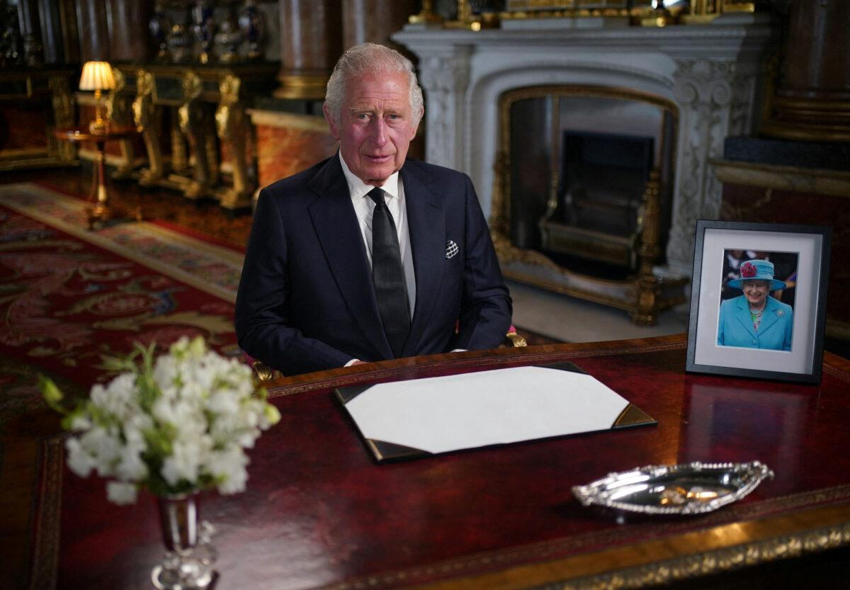 King Charles III delivers his address to the nation and the Commonwealth from Buckingham Palace, London, on Sept. 9, 2022, following the death of Queen Elizabeth II on Sept. 8. (Yui Mok/Pool via Reuters)