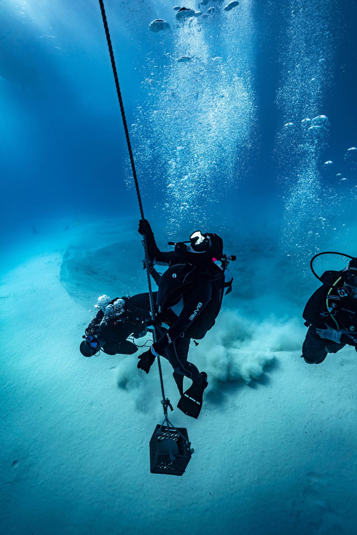 Divers returning to the surface after a search. (Courtesy of Chad Bagwell/Allen Exploration via <a href="https://www.bahamasmaritimemuseum.com/">Bahamas Maritime Museum</a>).