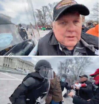 Ohio Pastor William Dunfee of the Salt and Light Brigade pushes against the police barricade until it falls, then runs for the east steps of the Capitol on Jan. 6, 2021. (Archive.org/Screenshots via The Epoch Times)