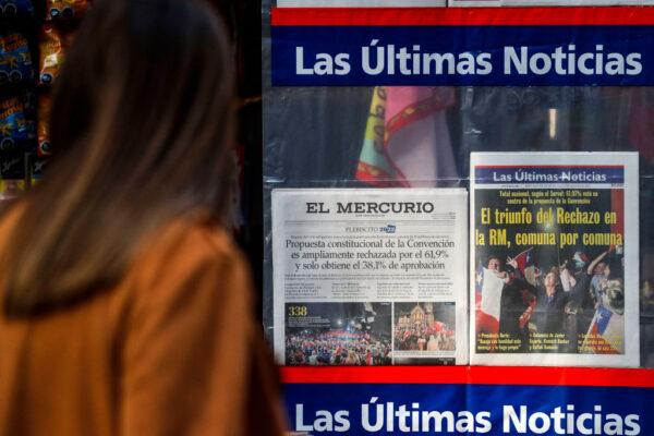 View of newspaper's front pages depicting the victory of rejection of a new Constitution a day after a referendum at a news stand in downtown Santiago, Chile, on Sept. 5, 2022. (Javier Torres/AFP via Getty Images)