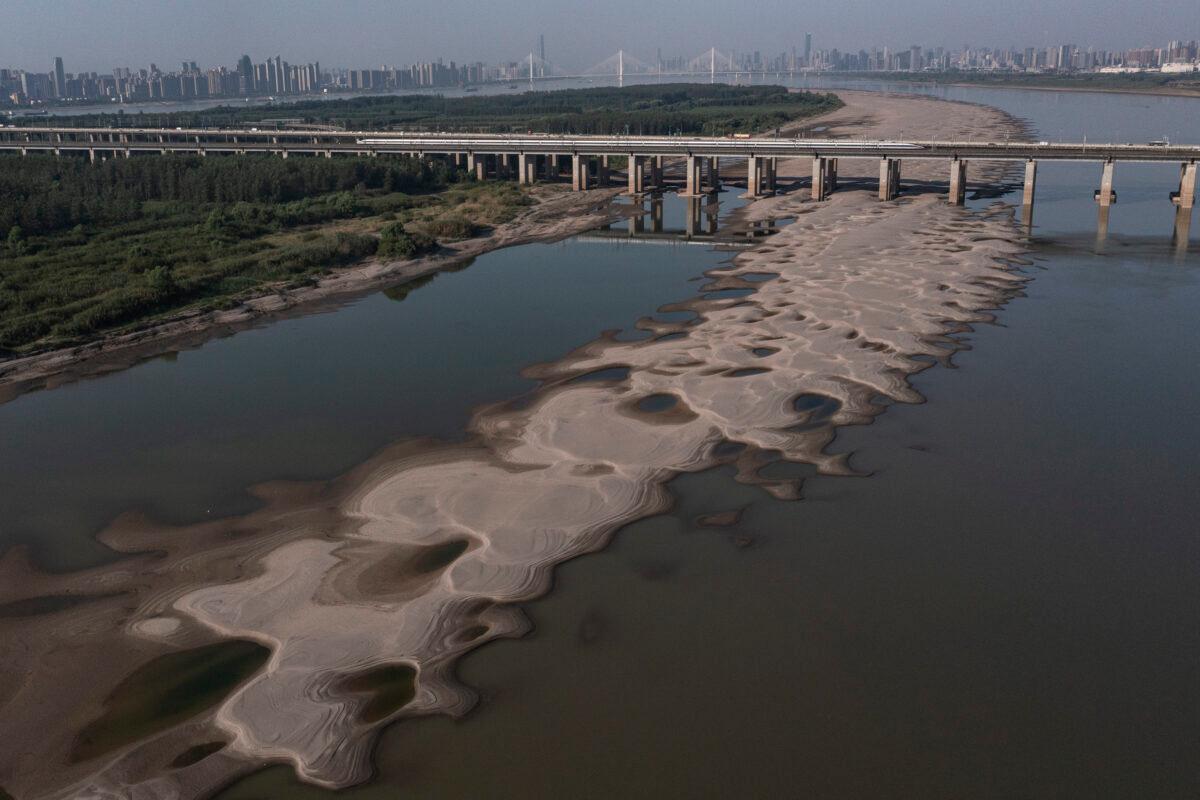 An aerial view of the exposed sand beach along a section of the Yangtze River on August 19, 2022 in Wuhan, Hubei Province, China. (Getty Images)