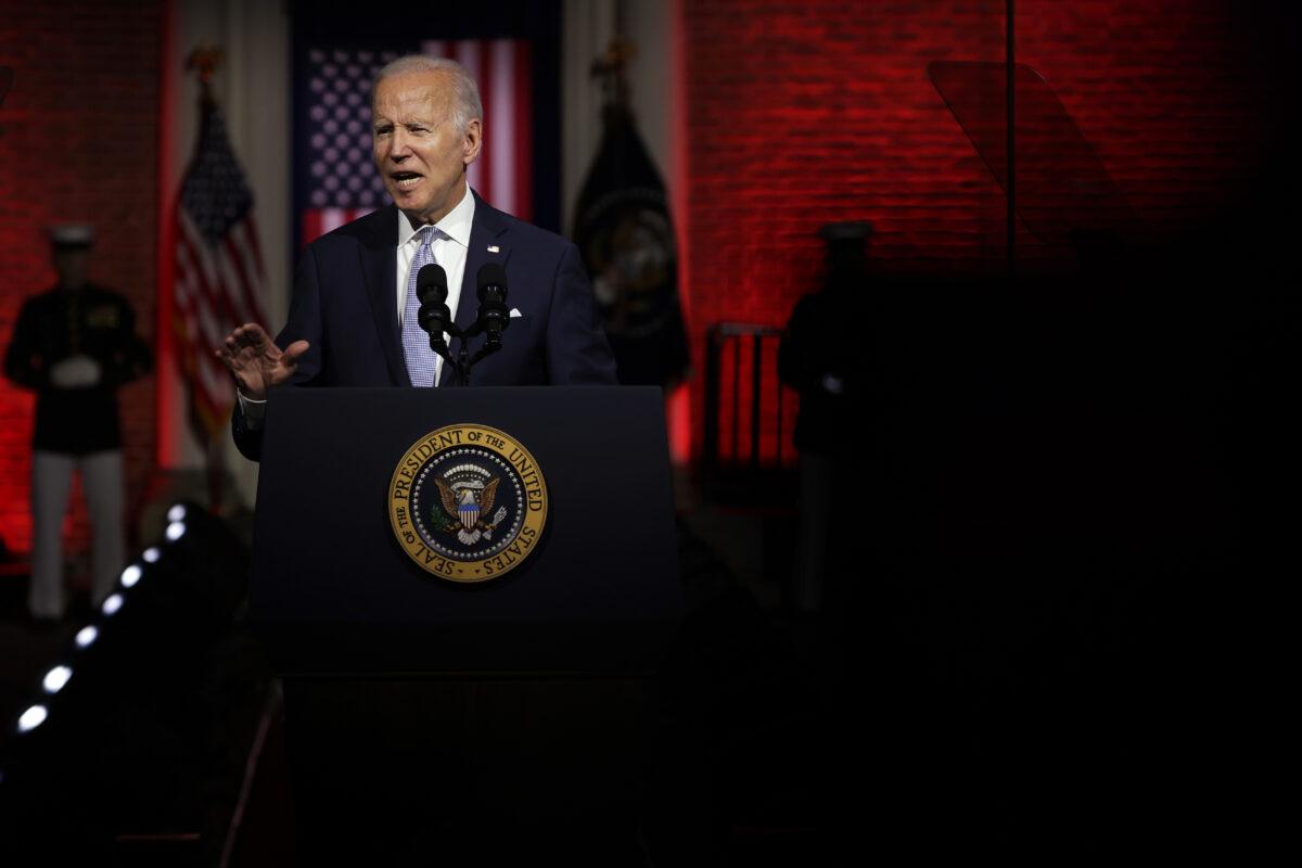President Joe Biden delivers a prime time speech at Independence National Historical Park in Philadelphia on Sept. 1, 2022. (Alex Wong/Getty Images)