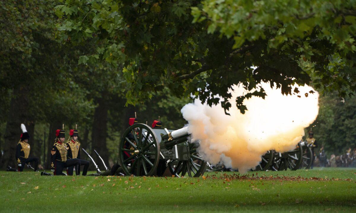 Members of The King's Troop Royal Horse Artillery during the Gun Salute to mark the death of Queen Elizabeth II at London's Hyde Park on Sept. 9, 2022. (Kirsty O'Connor/PA Media)