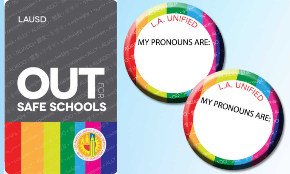  Los Angeles Unified School District's teachers are encouraged to obtain badges, “pronoun pins,” and LGBT history posters from the district’s Human Relations, Diversity & Equity office. (Screenshot via Los Angeles Unified School District)