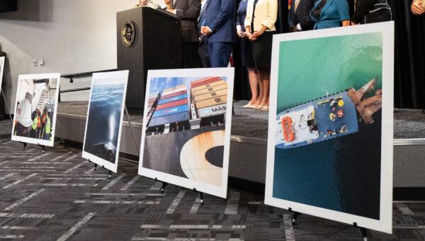 Photographic evidence of last years oilspill sits on display at the district attorney building in Santa Ana, Calif., on Sept. 8, 2022. (John Fredricks/The Epoc Times)