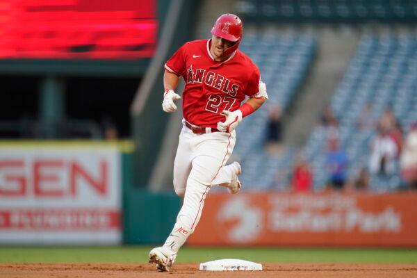 Los Angeles Angels' Mike Trout (27) runs the bases after hitting a home run during the first inning of a baseball game against the Detroit Tigers in Anaheim, Calif., on Sept. 6, 2022. (Ashley Landis/AP Photo)