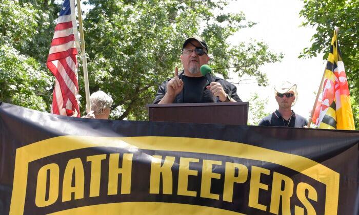 Stewart Rhodes, founder of the Oath Keepers (C) speaks during a rally outside the White House in Washington, June 25, 2017. His seditious-conspiracy trial is set to begin Sept. 26, 2022, in Washington D.C. (Susan Walsh/AP Photo)
