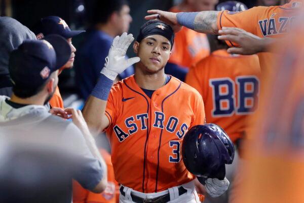 Houston Astros' Jeremy Pena (3) is congratulated in the dugout after his home run against the Los Angeles Angels during the sixth inning of a baseball game in Houston, Sept. 9, 2022. (Michael Wyke/AP Photo)