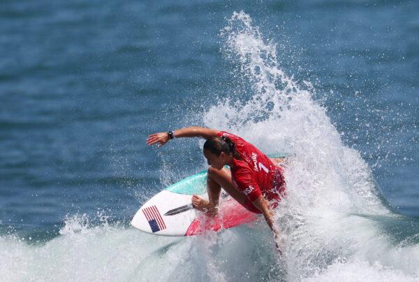 Carissa Moore of the United States in action during Heat 1 of the Tokyo 2020 Olympics - Surfing - Women's Shortboard - Round 1 at Tsurigasaki Surfing Beach in Tokyo on July 25, 2021. (Lisi Niesner/Reuters)