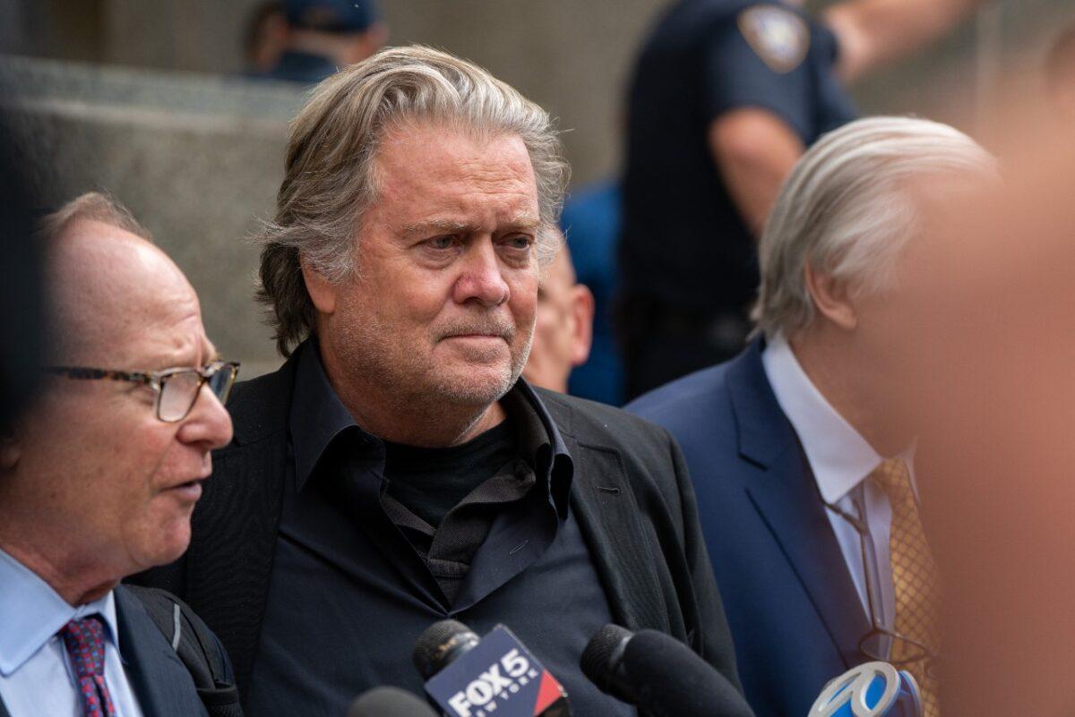 Steve Bannon, former adviser to former President Donald Trump speaks to members of the media after his arraignment in NYS Supreme Court in New York City, on Sept. 8, 2022. (David Dee Delgado/Getty Images)