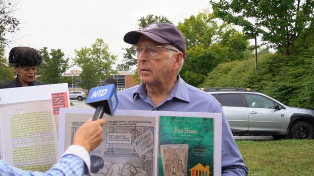 Wayne Dunlop who has grandchildren in this school came to Great Valley School District to protest, on Sept. 7, 2022. (Jennifer Yang/The Epoch Times)