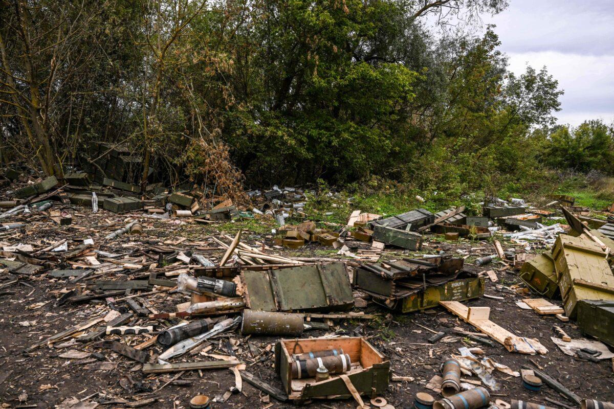  Abandoned weapons crates in Balakliya, Kharkiv region, Ukraine, on Sept. 10, 2022. (Juan Barreto/AFP via Getty Images)