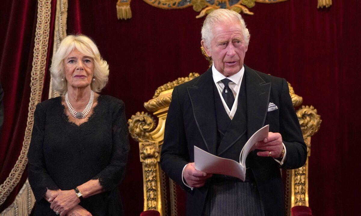  King Charles III (R) and Camilla, Queen Consort, look on during his proclamation as king during the accession council at St. James Palace in London on Sept. 10, 2022. (Victoria Jones/WPA Pool/Getty Images)