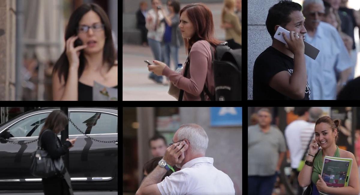 A familiar sight—people from all over the world talking on their cellphones in “An Invisible Threat.” (Imago Producciones)