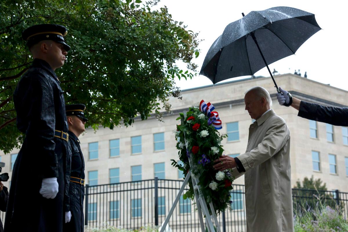 President Joe Biden participates in a wreath-laying ceremony commemorating the 21st anniversary of the Sept. 11 terrorist attacks, at the National 9/11 Pentagon Memorial in Arlington, Va., on Sept. 11, 2022. (Anna Moneymaker/Getty Images)