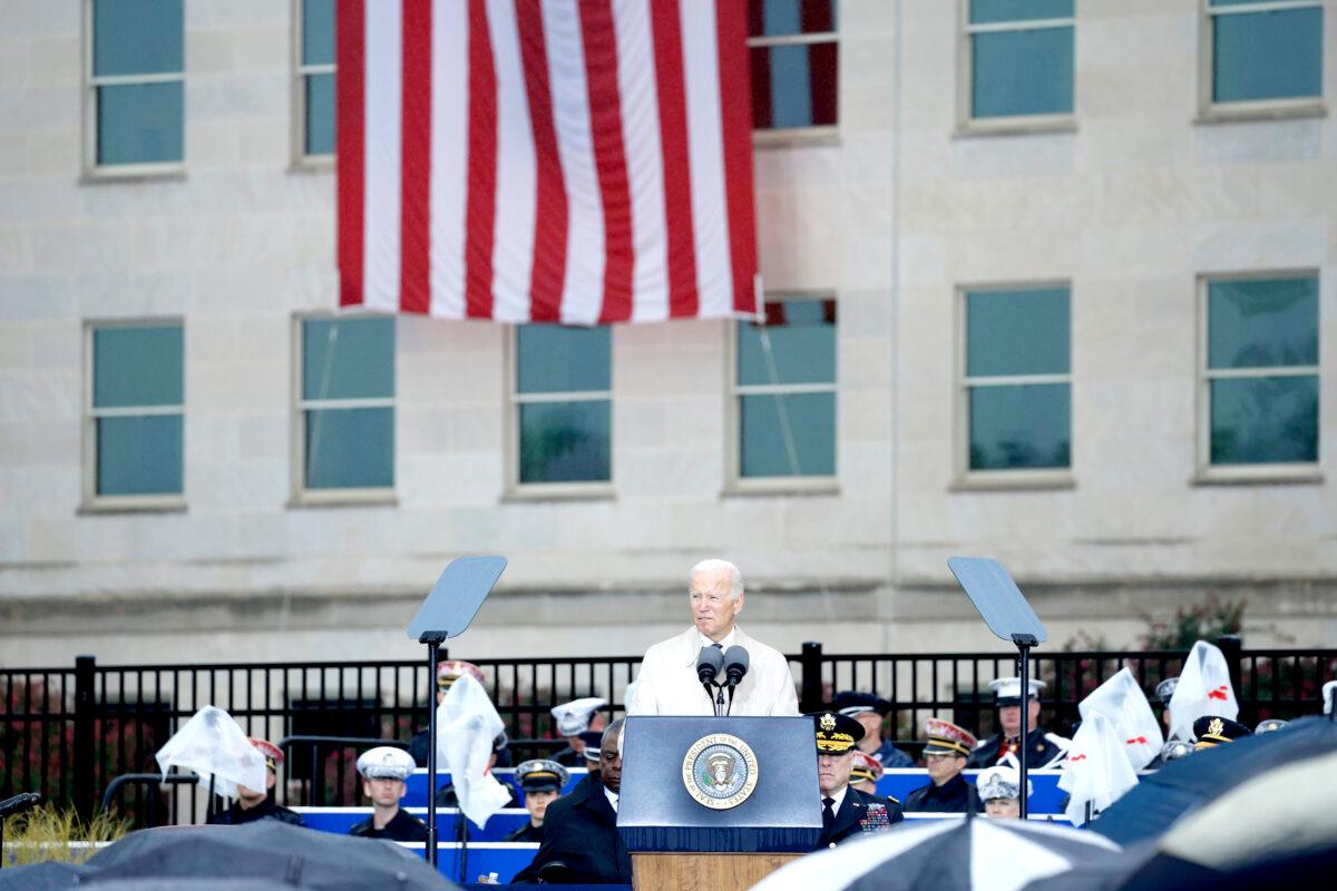 President Joe Biden delivers remarks at a ceremony commemorating the 21st anniversary of the Sept. 11 terrorist attacks, at the National 9/11 Pentagon Memorial in Arlington, Va., on Sept. 11, 2022. (Anna Moneymaker/Getty Images)