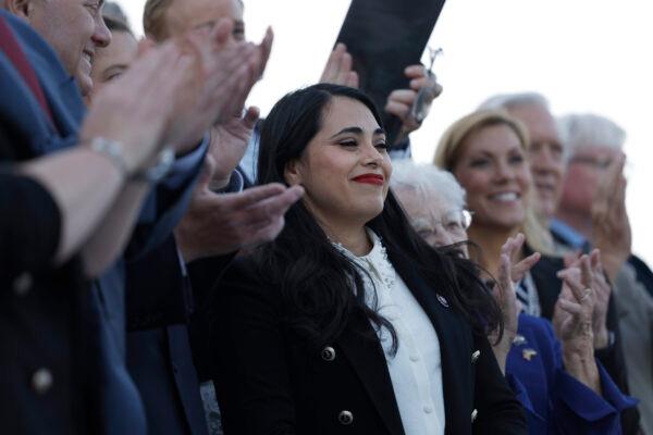 U.S. Rep. Mayra Flores (R-Texas) is applauded after being sworn into Congress in Washington on June 21, 2022, after winning a special election in the state’s Congressional District 34, a traditionally Democratic district where she is running as an underdog in November as one of more than 100 Latino candidates running for the U.S. House and U.S. Senate. (Anna Moneymaker/Getty Images)