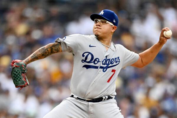 Julio Urias (7) of the Los Angeles Dodgers pitches during the first inning of the baseball game against the San Diego Padres September 10, 2022 at Petco Park in San Diego, Sept. 10, 2022. (Denis Poroy/Getty Images)