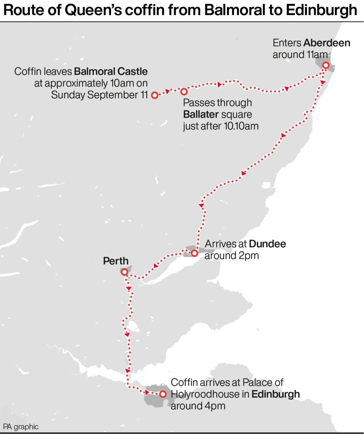Route of Queen's coffin from Balmoral Castle to Edinburgh, Scotland, on Sept. 11, 2022. (PA Graphics)