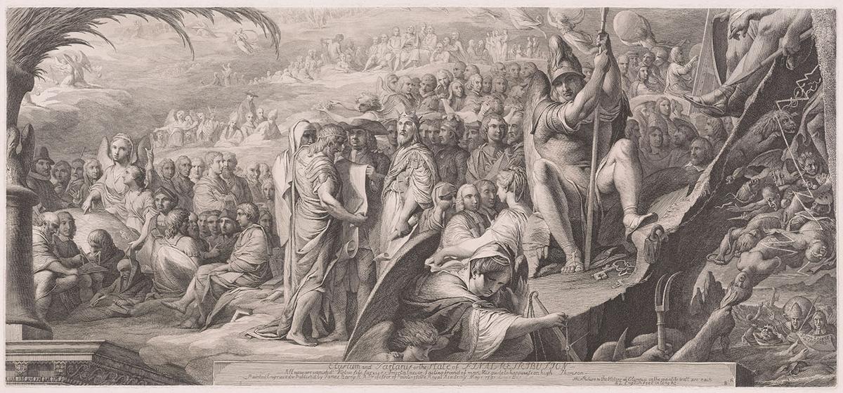 In a heavenly Elysium, the angels Raphael and Gabriel keep the blessed from the darkness of Tartarus (lower right) where the departed souls writhe in torment. "Elysium and Tartarus," or "The State of Final Retribution," 1792, by James Barry. The Metropolitan Museum of Art, New York. (Public Domain)