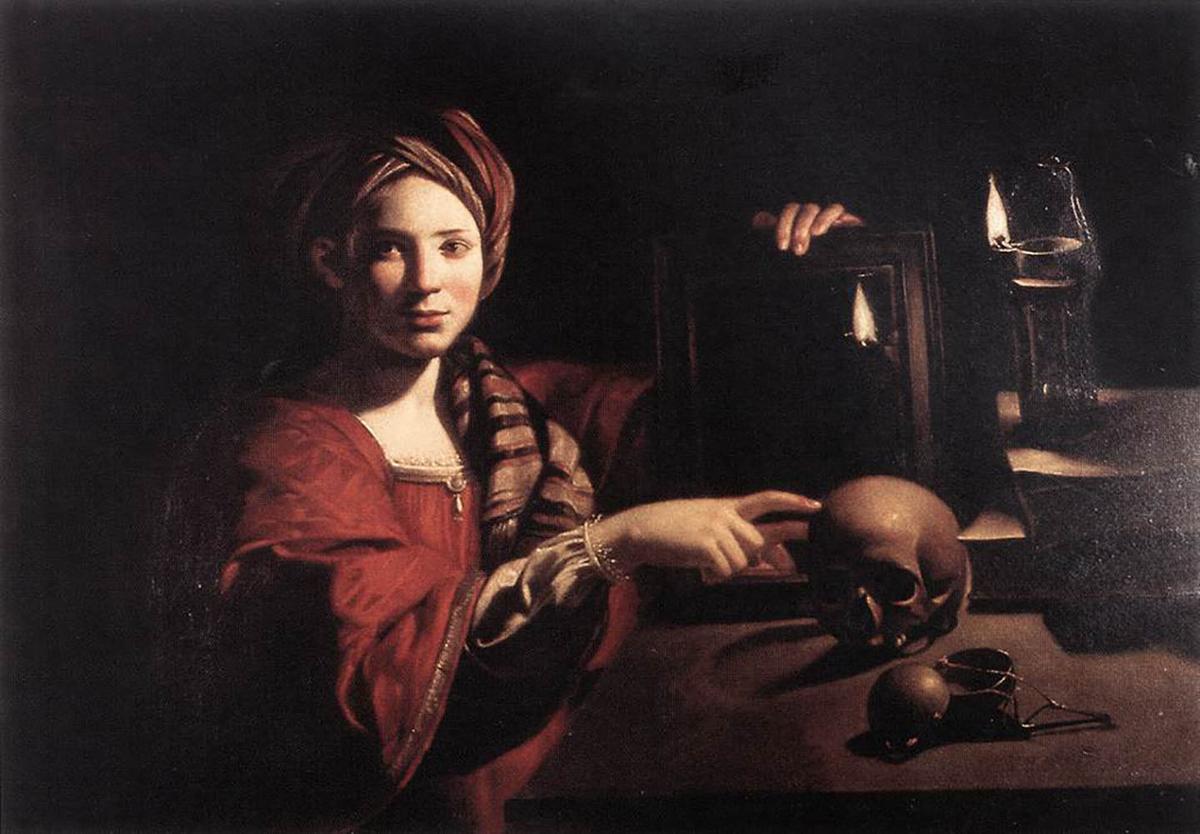 A woman, representing Kronos, alludes to the measured time a human has on Earth. "Allegory of the Vanity of Earthly Things," circa 1630, by an unknown French artist. Oil on canvas. National Gallery of Ancient Art, Rome. (Public Domain)