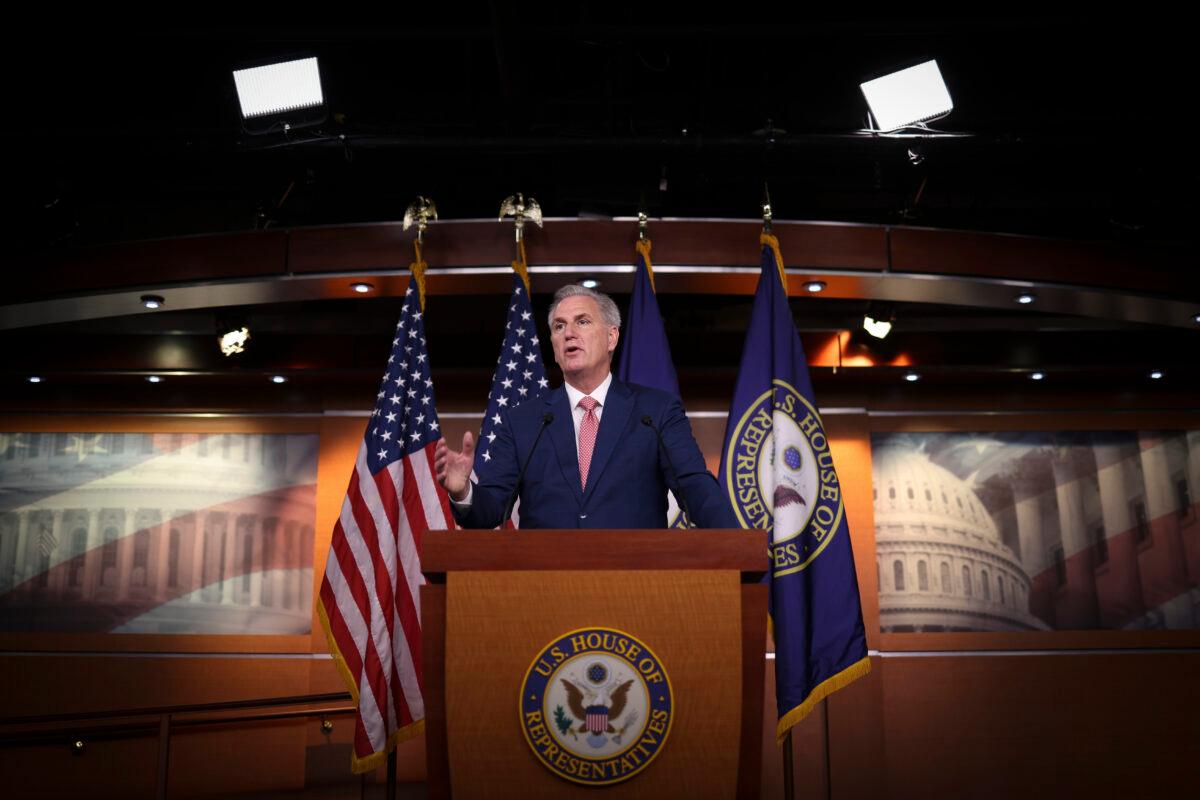 House Minority Leader Kevin McCarthy (R-Calif.) answers questions during a press conference at the U.S. Capitol in Washington on July 29, 2022. (Win McNamee/Getty Images)