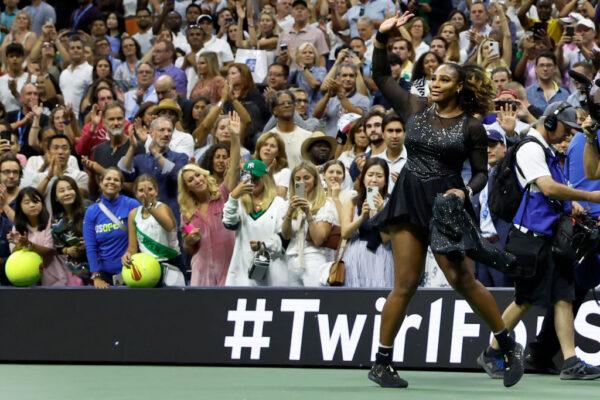 Serena Williams of the United States acknowledges the fans after being defeated by Ajla Tomlijanovic of Australia during their Women's Singles Third Round match on Day Five of the 2022 US Open at USTA Billie Jean King National Tennis Center in New York City on Sept. 2, 2022. (Sarah Stier/Getty Images)
