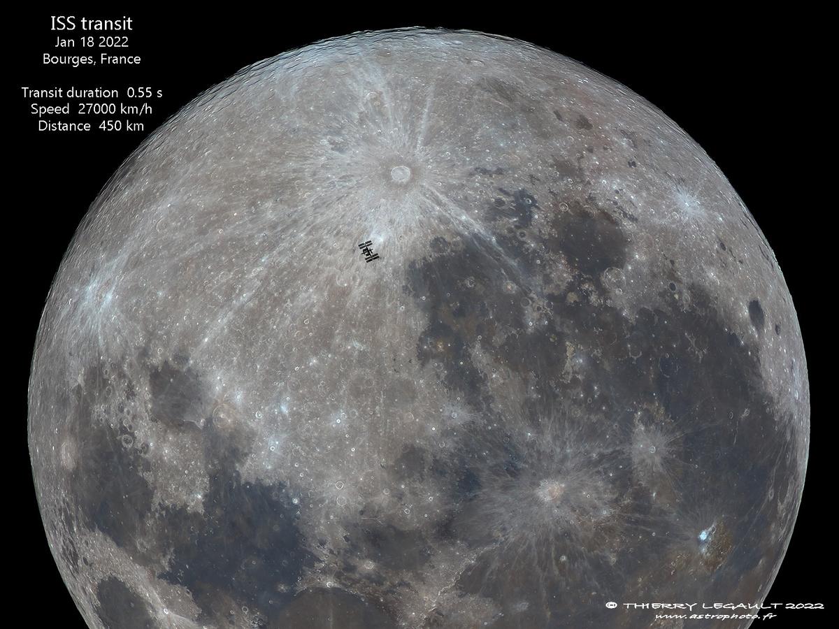 The International Space Station transiting the moon. (Courtesy of <a href="http://www.astrophoto.fr/">Thierry Legault</a>)