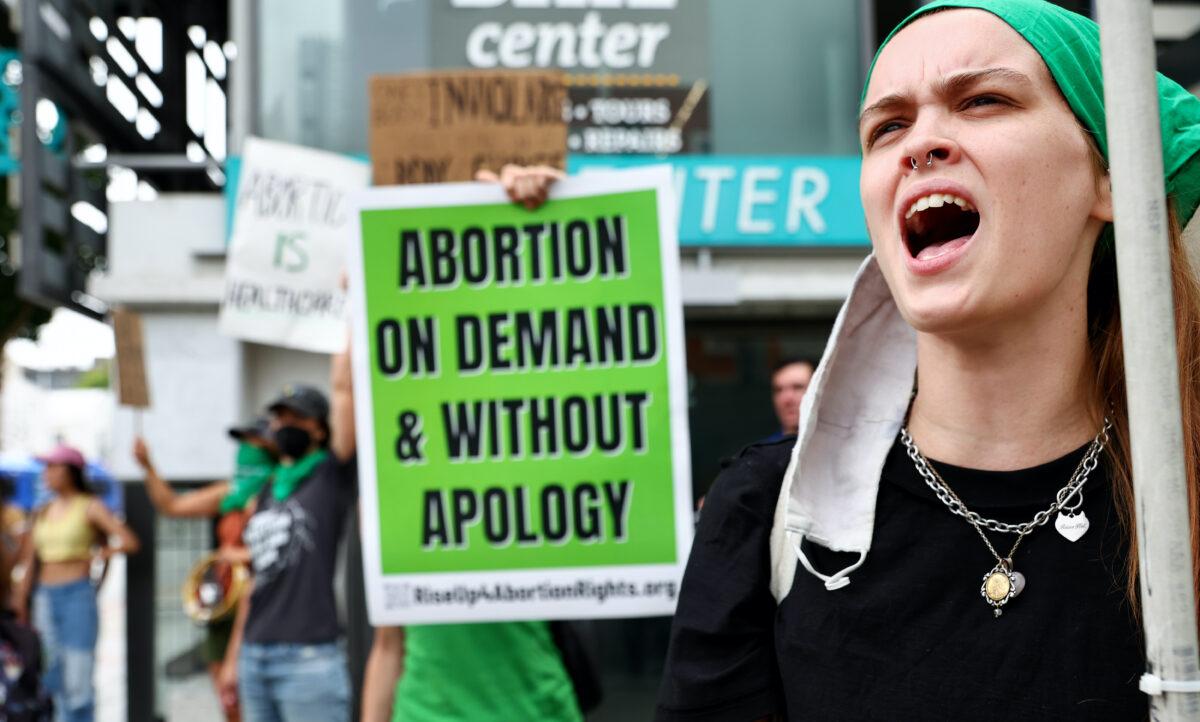 Pro-abortion activists chant while marching from City Hall to a Planned Parenthood clinic in Santa Monica, Calif., on July 16, 2022. (Mario Tama/Getty Images)