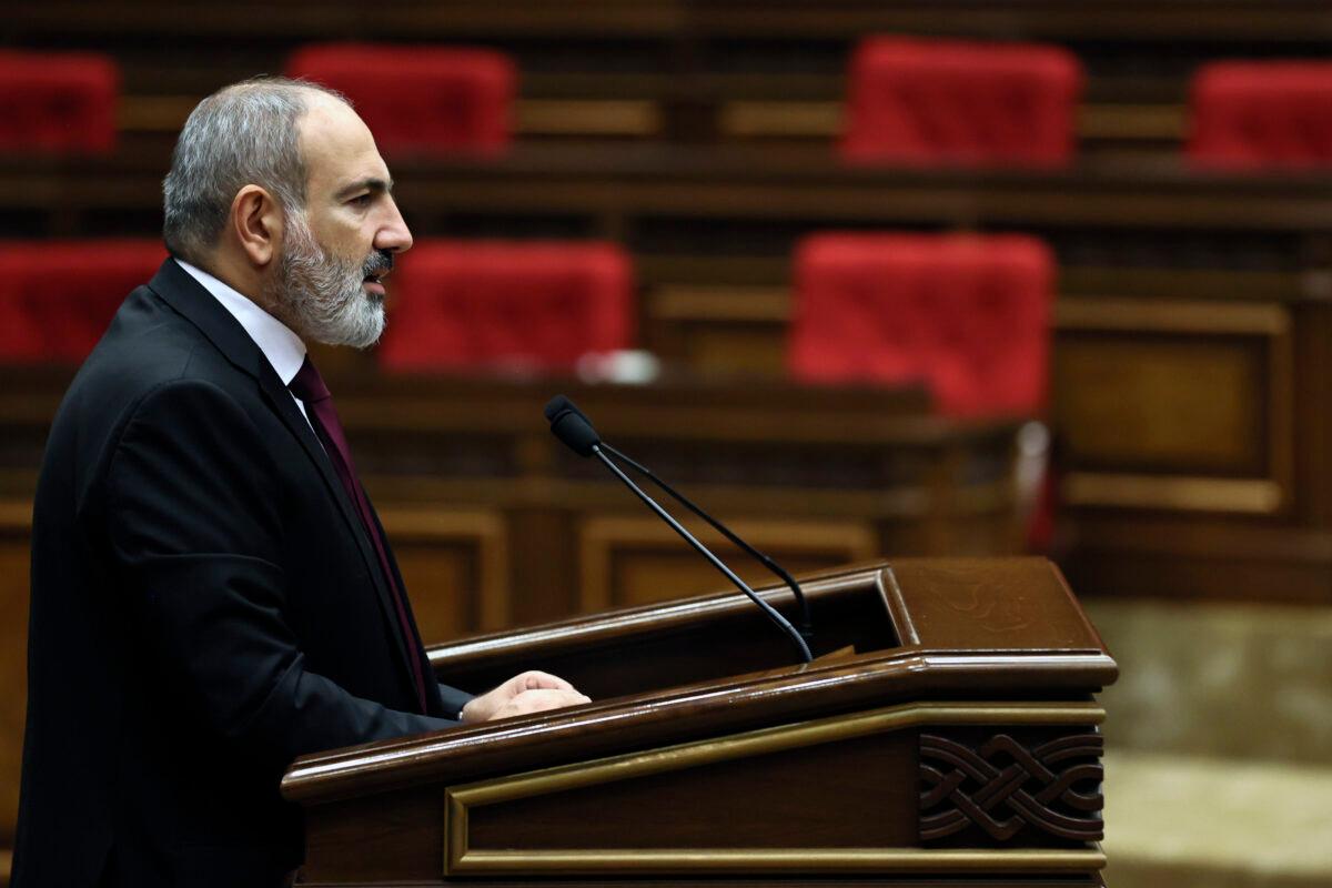 Armenian Prime minister Nikol Pashinyan delivers his speech at the National Assembly of Armenia in Yerevan, Armenia, on Sept. 13, 2022. (Tigran Mehrabyan/PAN Photo via AP)