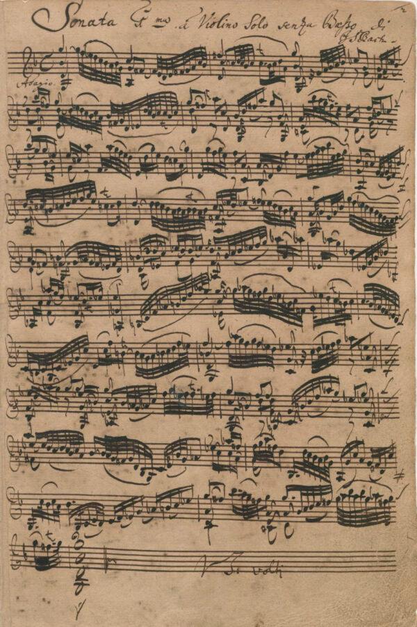 Bach's autograph of the <a href="https://upload.wikimedia.org/wikipedia/commons/e/ee/Sonata_in_in_G_m_J.S.Bach_%281_mov_prelude%29.ogg">first movement of the first sonata</a> for solo violin, BWV 1001. (Public Domain)