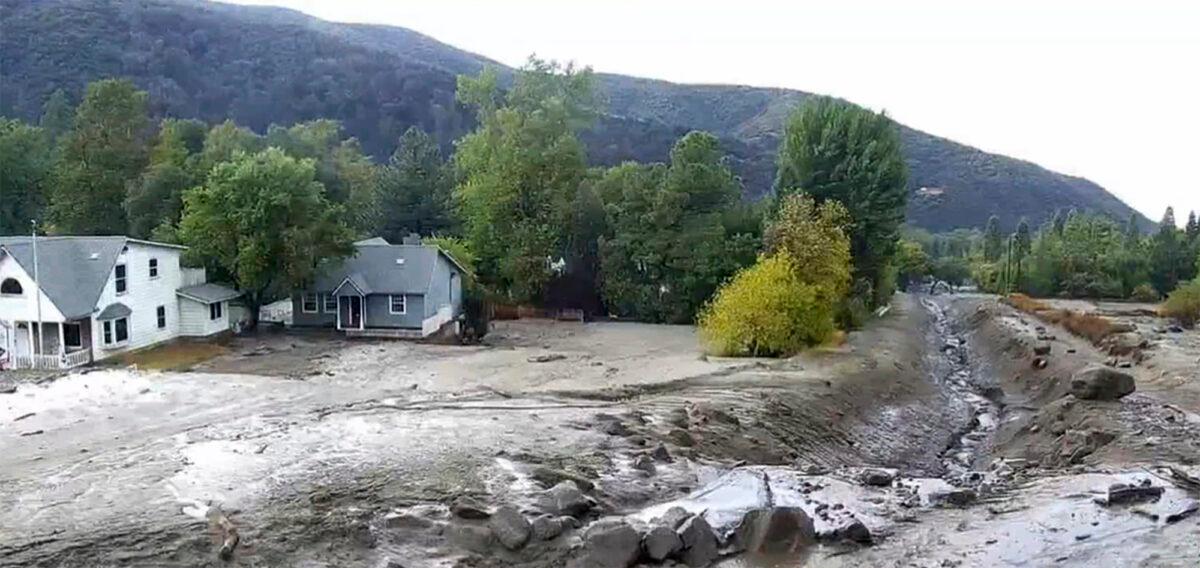 Mud flows near homes in Oak Glen, in San Bernardino County, Calif., on Sept. 12, 2022. (San Bernardino County Fire Department via AP)
