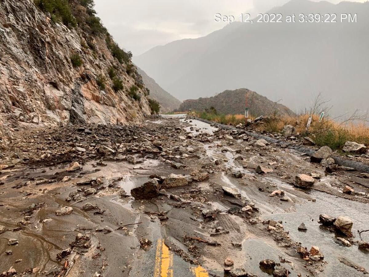 Mudslides that closed part of Highway SR-38 in the San Bernardino Mountains, Calif., on Sept. 12, 2022. (Caltrans District 8 via AP)