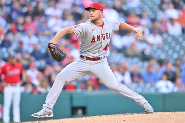 Starter Reid Detmers (48) of the Los Angeles Angels pitches in the first inning against the Cleveland Guardians at Progressive Field in Cleveland, Sept. 12, 2022. (Jason Miller/Getty Images)