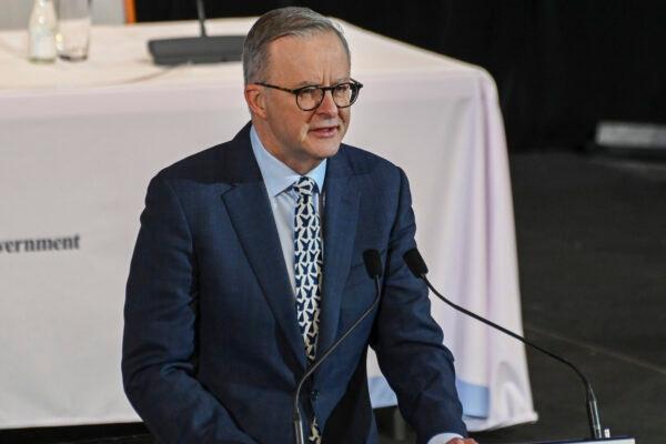 Prime Minister Anthony Albanese addresses the Jobs and Skills Summit at Parliament House in Canberra, Australia, on Sept. 1, 2022. (Martin Ollman/Getty Images)