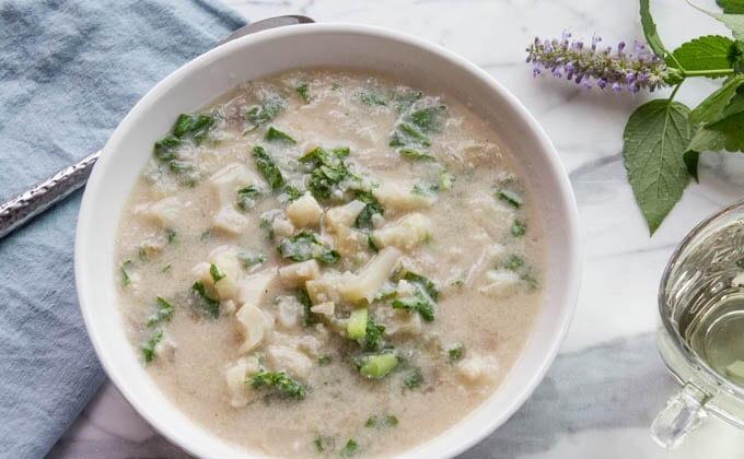 Cauliflower Soup Recipe, With Purple Peppers And Cashew Cream