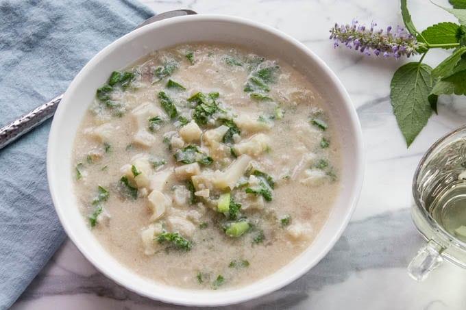 Cauliflower Soup Recipe, With Purple Peppers And Cashew Cream