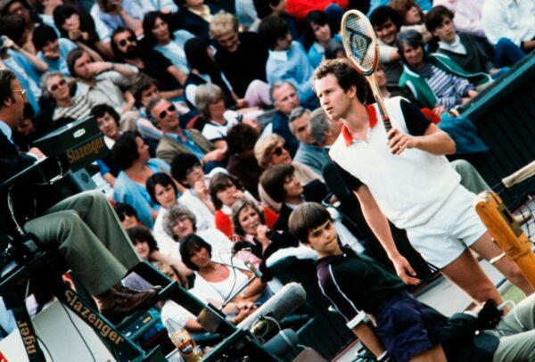 John McEnroe challenging a call with the referee in the documentary "McEnroe." (Showtime)