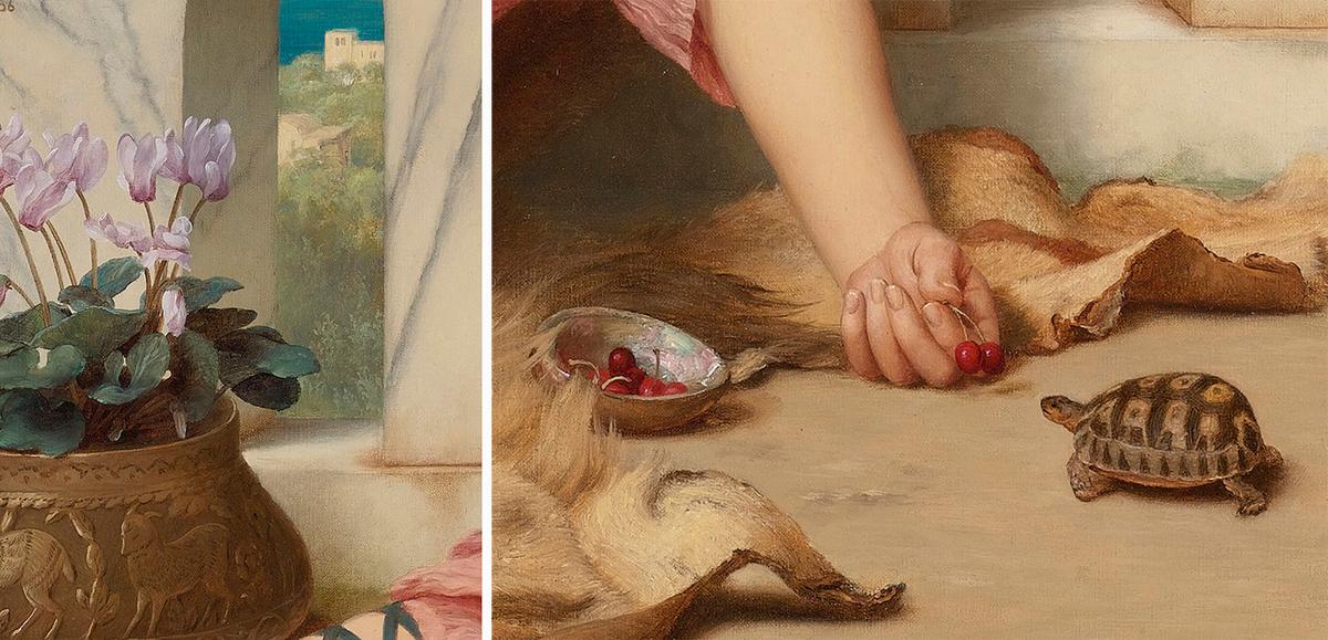 Details of the cyclamen flowers and cherries from "The Quiet Pet," 1906, by John William Godward. (Public Domain)