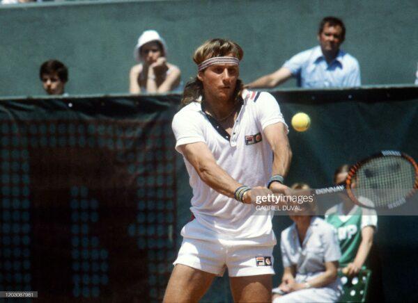Bjorn Borg hits a forehand in a match in 1980 during the Men's French Open quarter finals. (Gabriel Duval/AFP via Getty Images)
