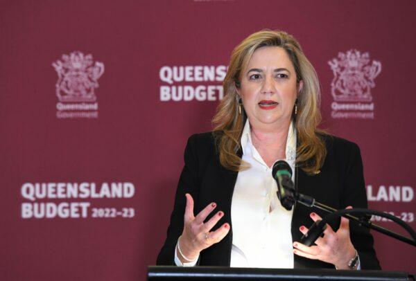 Premier Annastacia Palaszczuk is seen briefing the media before handing down the 2022/2023 Queensland state budget at Queensland Parliament in Brisbane, Australia, on June 21, 2022. (AAP Image/Darren England)