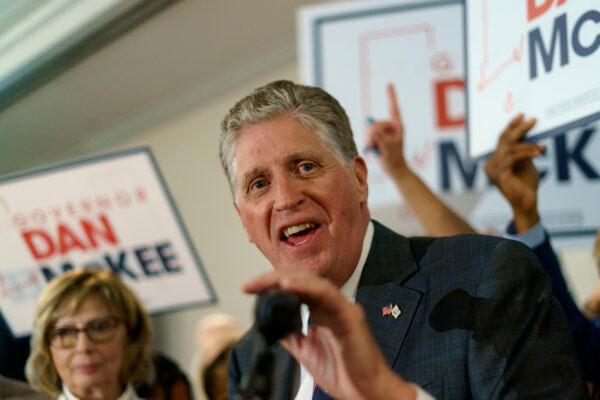 Rhode Island Gov. Dan McKee gives an acceptance speech in front of supporters at a primary election night watch party in Providence, R.I., on Sept. 13, 2022. (David Goldman/AP Photo)